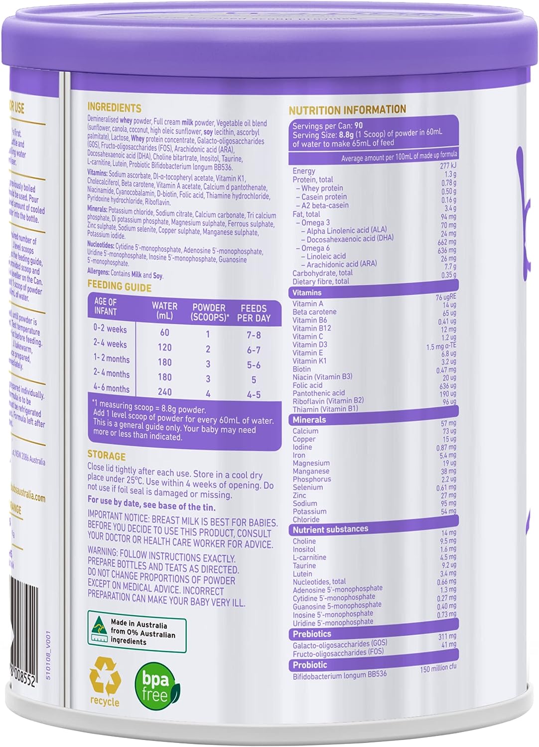 Bubs Supreme Infant Formula, Stage 1, Infants 0-6 months, Made with A2 Beta-Casein Protein Cows Milk, 28.2 oz - Image 2